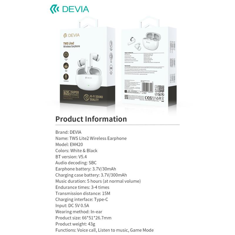 True Wireless Ακουστικά Bluetooth Devia EM420 Lite2  Λευκό