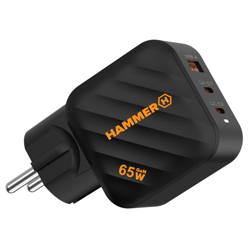 Φορτιστής Ταξιδίου Ταχείας Φόρτισης Hammer RapidCharge Duo με Τριπλή Έξοδο USB A & 2xUSB C PD 65W Μαύρο