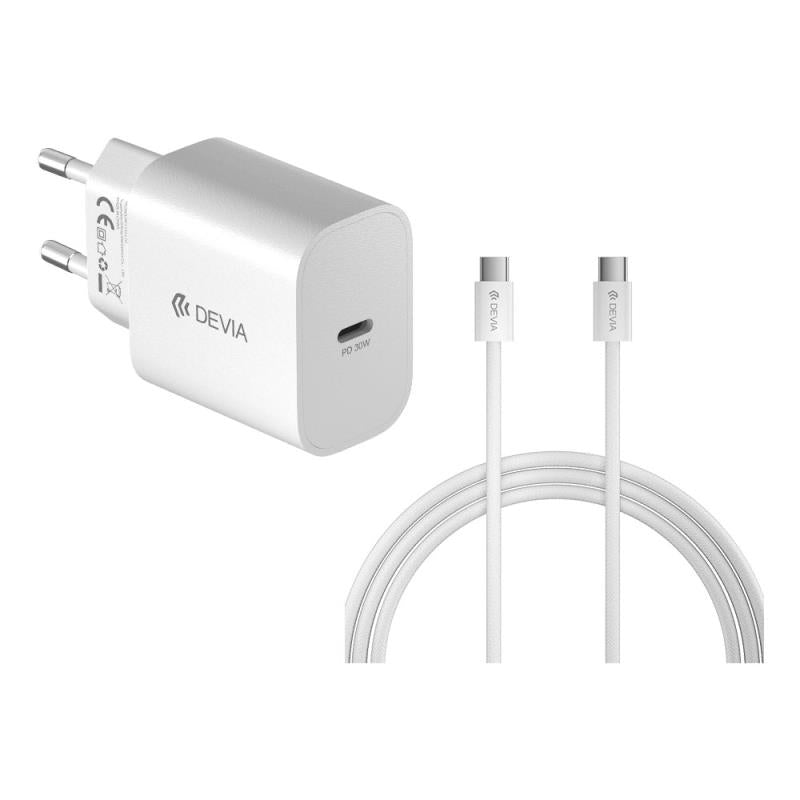 Φορτιστής Ταξιδίου Ταχείας Φόρτισης Devia RCE-3005CL με Έξοδο USB C GaN PD 30W & Καλώδιο USB C σε USB C 1m Smart Λευκό
