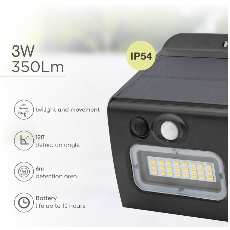 Ηλιακό Φωτιστικό Εξ. Χώρου LED GSC Egoda Bulkhead 3W 350lm CCT IP65 με Αισθητήρα Κίνησης & Νυκτός Μαύρο