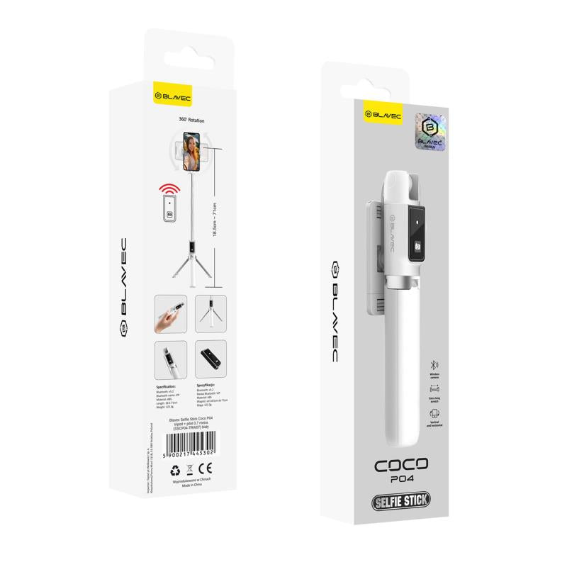 Ασύρματο Selfie Stick & Τρίποδο Blavec Coco P04 με Τηλεχειριστήριο για Smartphones Πλάτους 65mm έως 95mm Λευκό