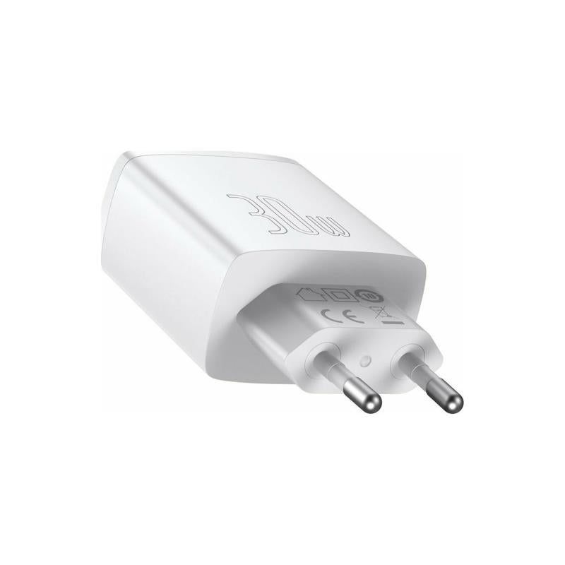Φορτιστής Ταξιδίου Ταχείας Φόρτισης Baseus Compact με Τριπλή Έξοδο 2xUSB A & USB C PD QC 30W 3A Λευκό