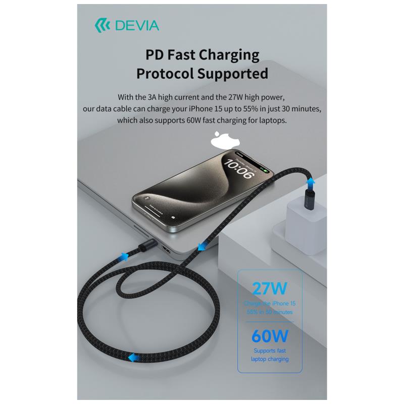 Καλώδιο Σύνδεσης USB 2.0 Devia EC646 USB C σε USB C PD 60W 3m Gracious Μαύρο