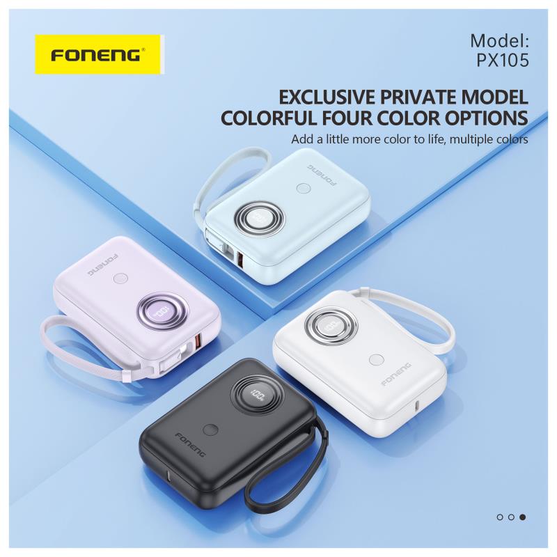 Φορτιστής Ανάγκης Foneng PX105 22.5W 10000mAh Mini με 2 Ενσωματωμένα Καλώδια Μαύρο