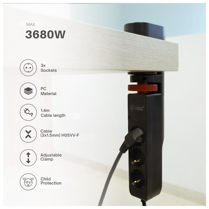 Πολύπριζο GSC 3 Θέσεων με Κουμπί On/Off, Θύρες 2xUSB A, 1xUSB C & Καλώδιο 1.4m (3 x 1.5mm) Μαύρο