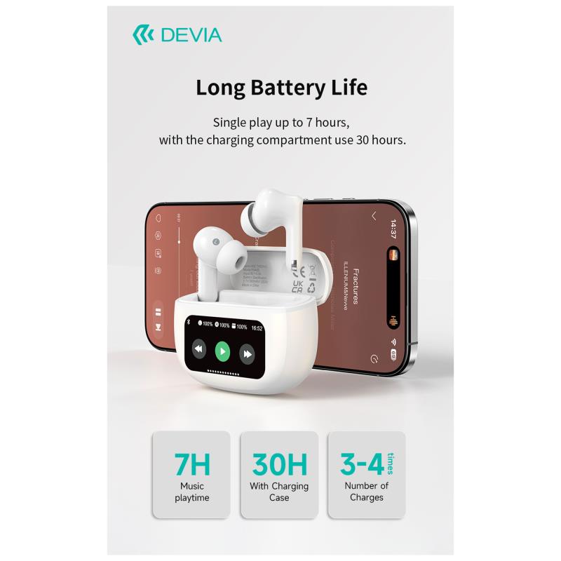 True Wireless Ακουστικά Bluetooth Devia EM405 ANC Pro3 με Οθόνη Λευκό