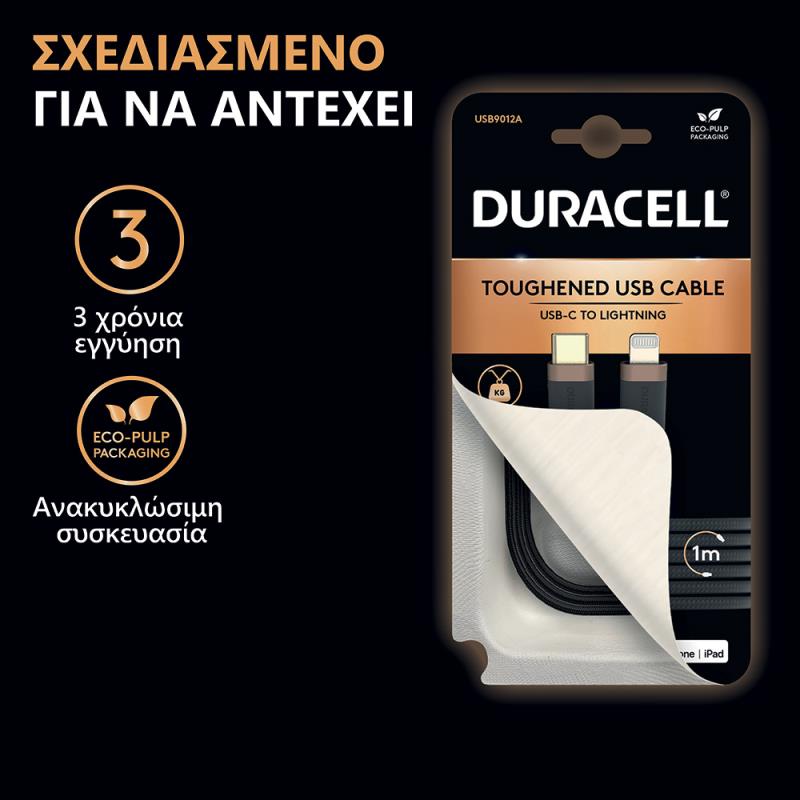 Καλώδιο Σύνδεσης USB 2.0 Duracell Braided Kevlar USB C σε MFI Lightning 60W 1m Μαύρο