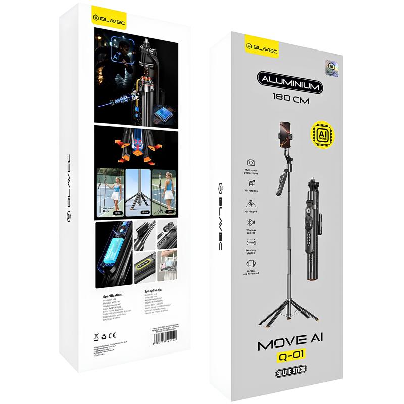 Ασύρματο Selfie Stick & Τρίποδο Blavec Q-01 με AI Face Tracking & Τηλεχειριστήριο για Smartphones Πλάτους 65mm έως 95mm Μαύρο