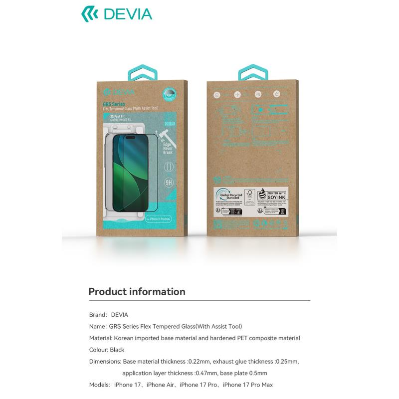 Tempered Glass Full Face Flex Devia Apple iPhone 17 Pro Max με Βοηθητικό Εργαλείο GRS Μαύρο (1 τεμ.)