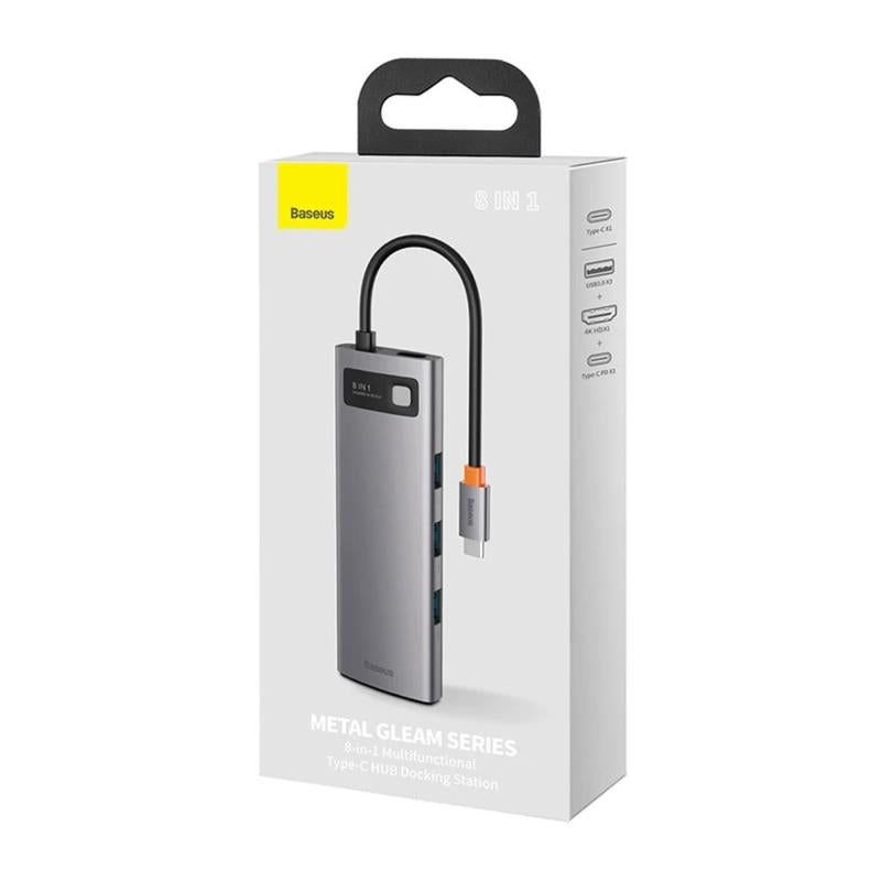 Hub USB C Baseus 8 σε 1 σε HDMI με Card Reader Metal Gleam Ασημί