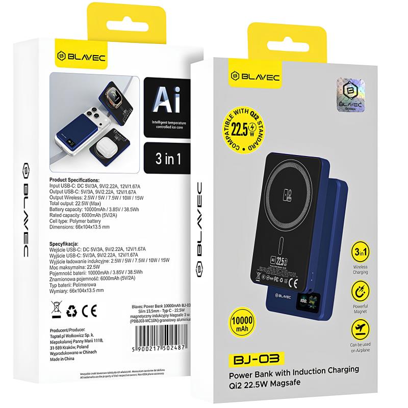Φορτιστής Ανάγκης Blavec BJ-03 22.5W 10000mAh 3 σε 1 Magnetic Μπλε