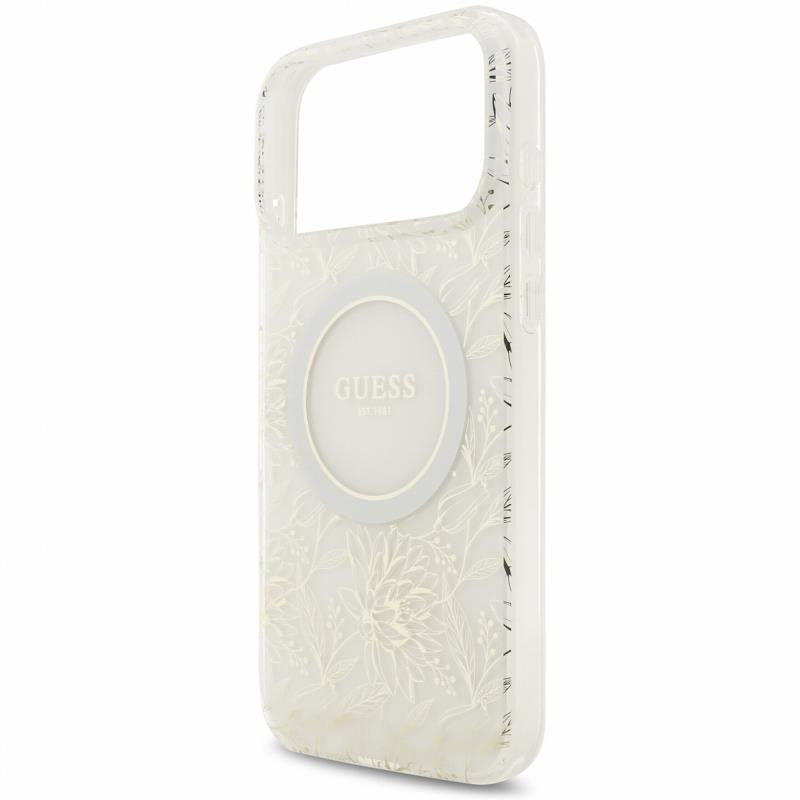 Θήκη PU/ Silicon Guess Magsafe Apple iPhone 18 Pro Max/ 17 Pro Max IML Flowers με Pearl Strap Λευκό