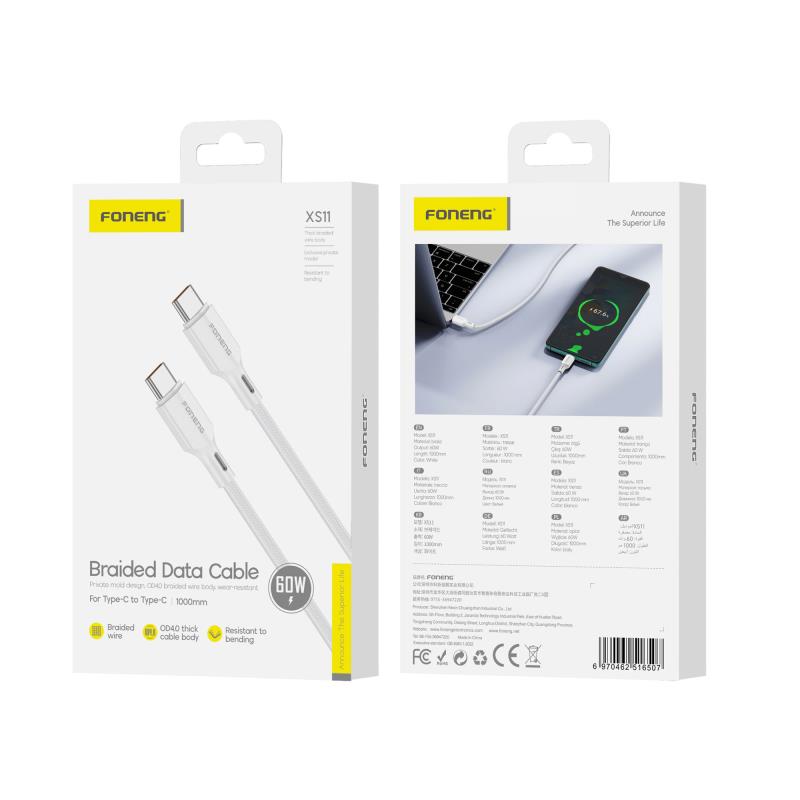 Καλώδιο Σύνδεσης USB 2.0 Foneng XS11 Braided USB C σε USB C 60W 1m Λευκό