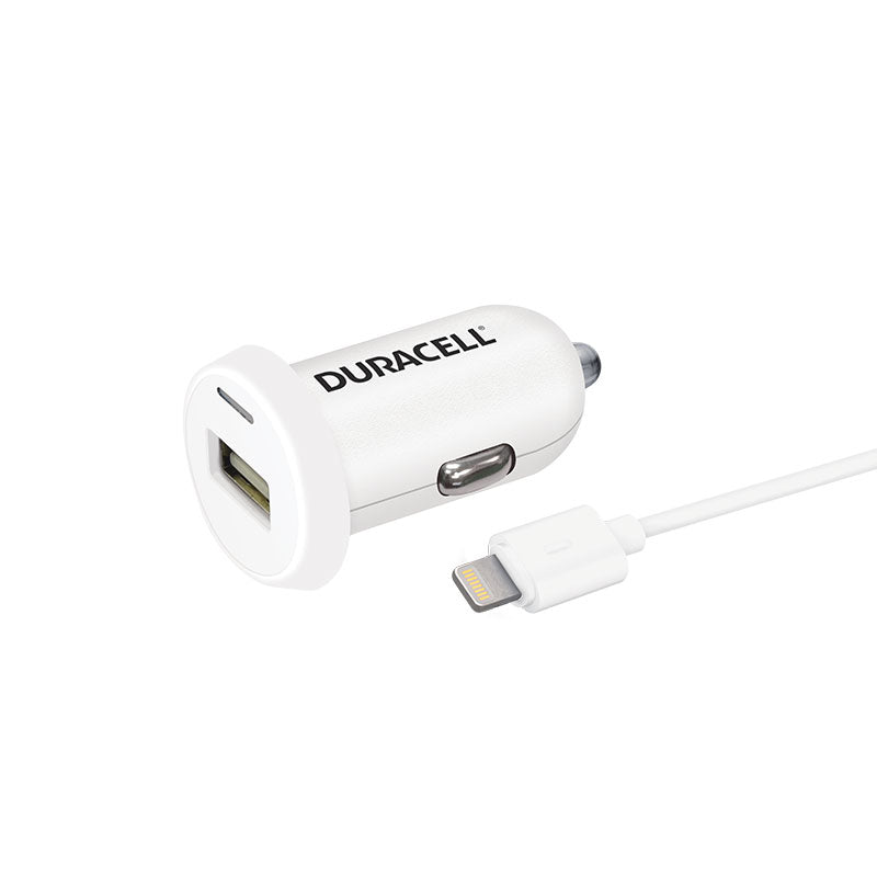 Φορτιστής Αυτοκινήτου Ταχείας Φόρτισης Duracell με Έξοδο USB A 2.4Α & Καλώδιο USB A σε MFI Lightning 1m Λευκό