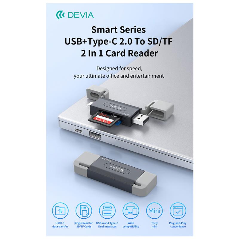 Hub USB A + USB C To SD/TF Devia EL239 2 σε 1 Card Reader Smart Μαύρο