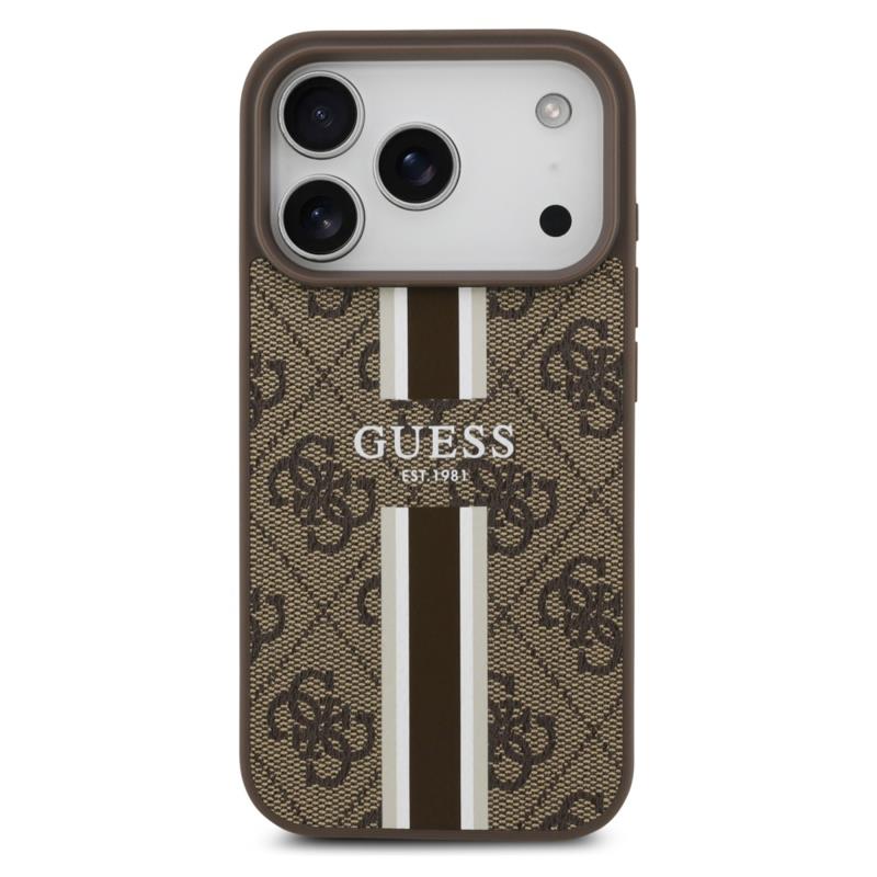 Θήκη PU Guess MagSafe Apple iPhone 17 Pro Hardcase Printed Stripes 4G Καφέ