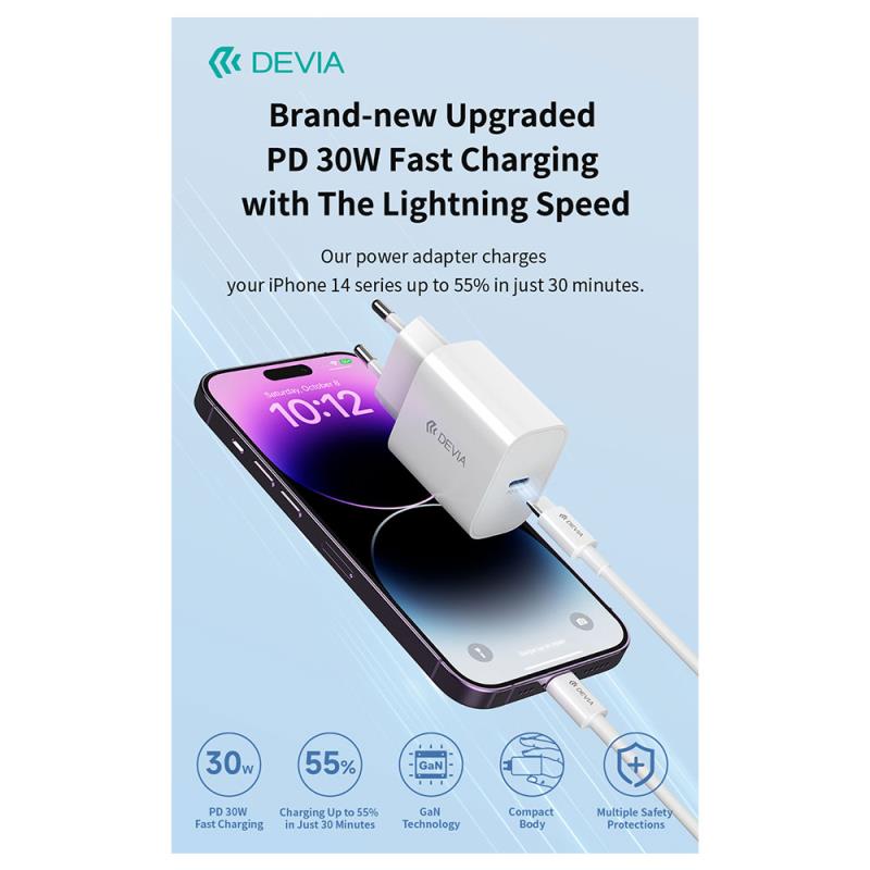 Φορτιστής Ταξιδίου Ταχείας Φόρτισης Devia RCE-3005CL με Έξοδο USB C GaN PD 30W & Καλώδιο USB C σε Lightning 1m Smart Λευκό