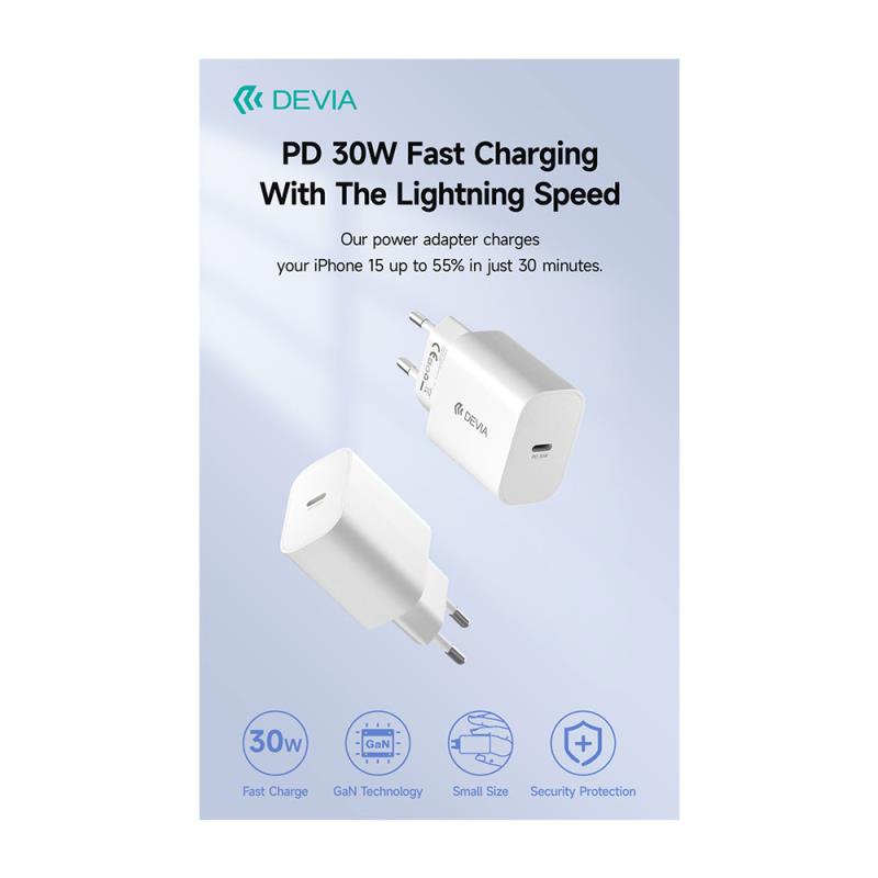 Φορτιστής Ταξιδίου Ταχείας Φόρτισης Devia RCE-3005CL με Έξοδο USB C GaN PD 30W Smart Λευκό
