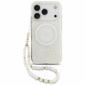 Θήκη PU/ Silicon Guess Magsafe Apple iPhone 18 Pro/ 17 Pro IML Flowers με Pearl Strap Λευκό