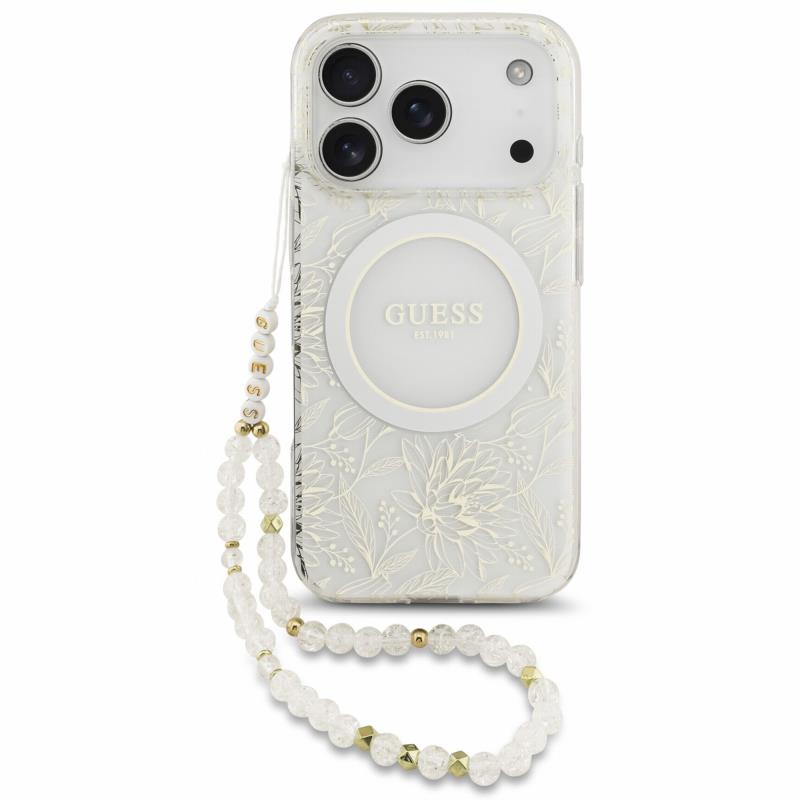 Θήκη PU/ Silicon Guess Magsafe Apple iPhone 18 Pro/ 17 Pro IML Flowers με Pearl Strap Λευκό