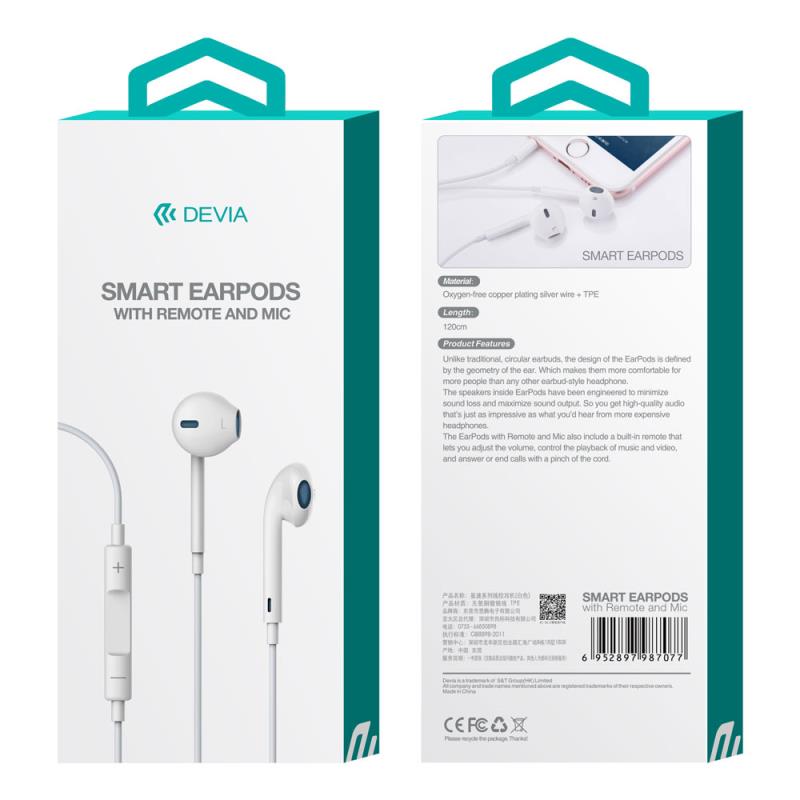Hands Free Stereo Devia EM022 Earpods 3.5mm με Χειριστήριο & Μικρόφωνο Λευκό