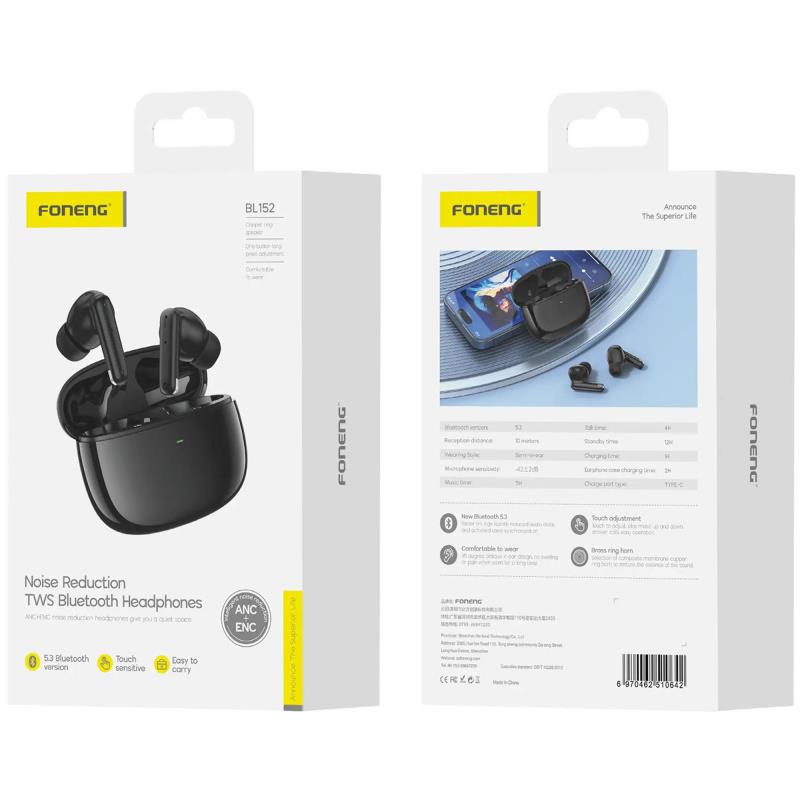 True Wireless Ακουστικά Bluetooth Foneng BL152 ANC+ENC Μαύρο