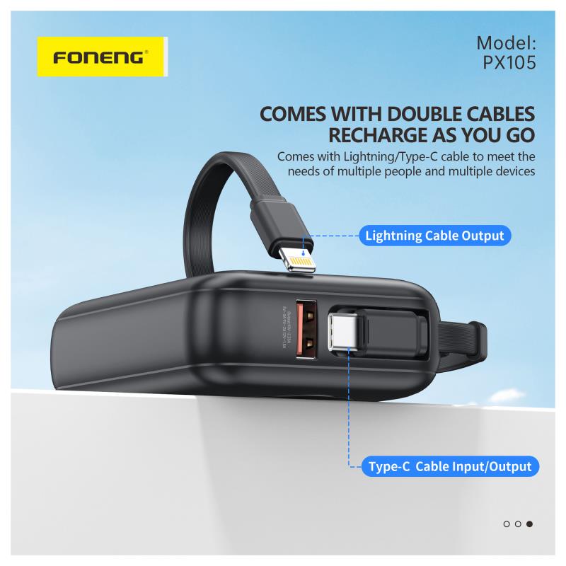 Φορτιστής Ανάγκης Foneng PX105 22.5W 10000mAh Mini με 2 Ενσωματωμένα Καλώδια Μαύρο