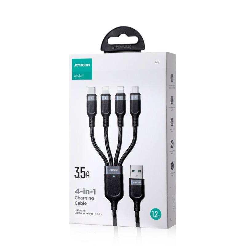 Καλώδιο Σύνδεσης USB 2.0 4 σε 1 Joyroom Braided S-1T4018A18 USB A σε Micro USB & USB C & 2xLightning 17.5W 1.2m Μαύρο
