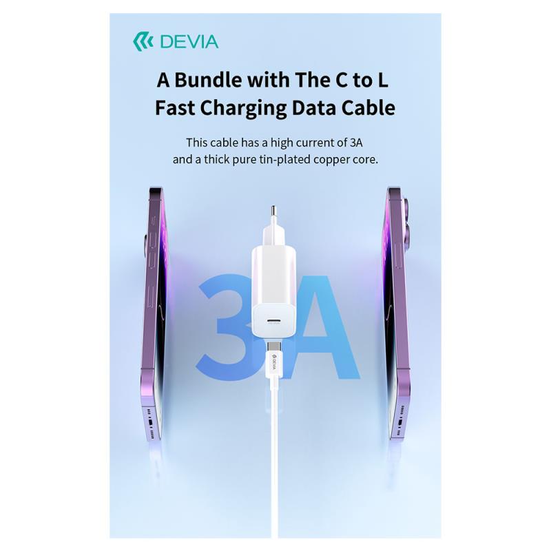 Φορτιστής Ταξιδίου Ταχείας Φόρτισης Devia RCE-3005CL με Έξοδο USB C GaN PD 30W & Καλώδιο USB C σε Lightning 1m Smart Λευκό
