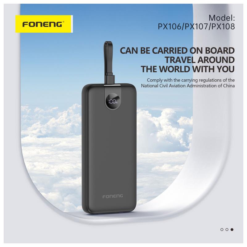 Φορτιστής Ανάγκης Foneng PX107 22.5W 20000mAh με 3 Ενσωματωμένα Καλώδια Μαύρο