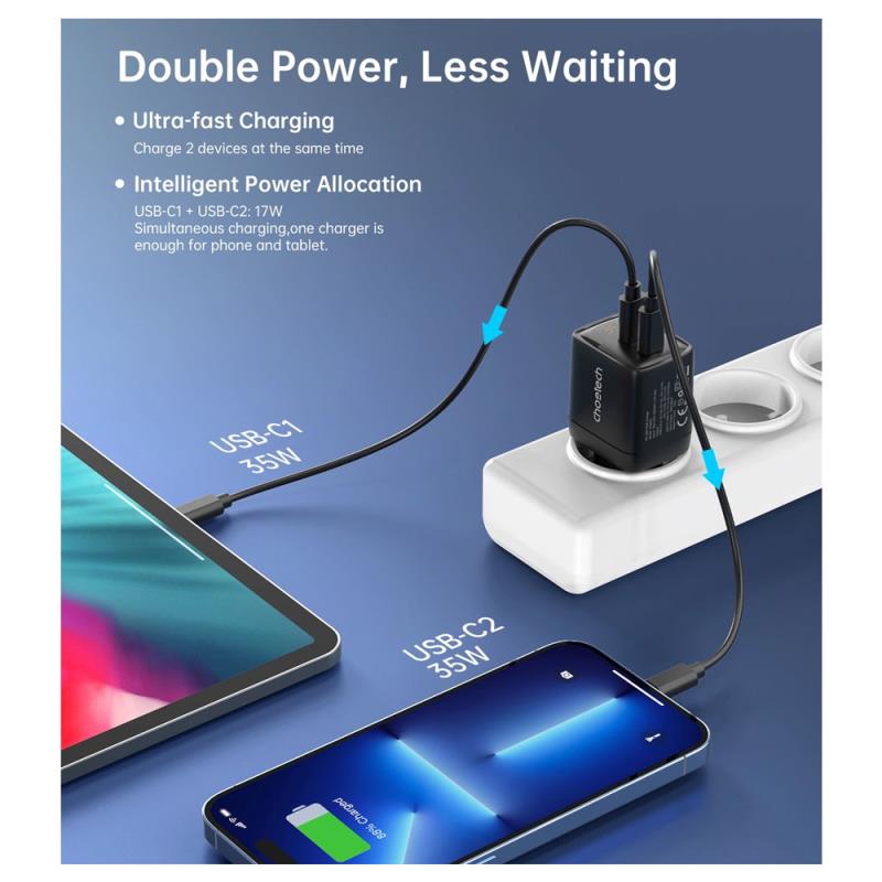 Φορτιστής Ταξιδίου Ταχείας Φόρτισης Choetech PD6051 με Διπλή Έξοδο 2xUSB C GaN PD 35W Μαύρο