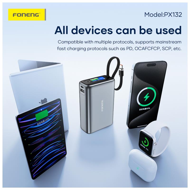 Φορτιστής Ανάγκης Foneng PX132 65W 20000mAh με Έγχρωμη Οθόνη Σκούρο Γκρι
