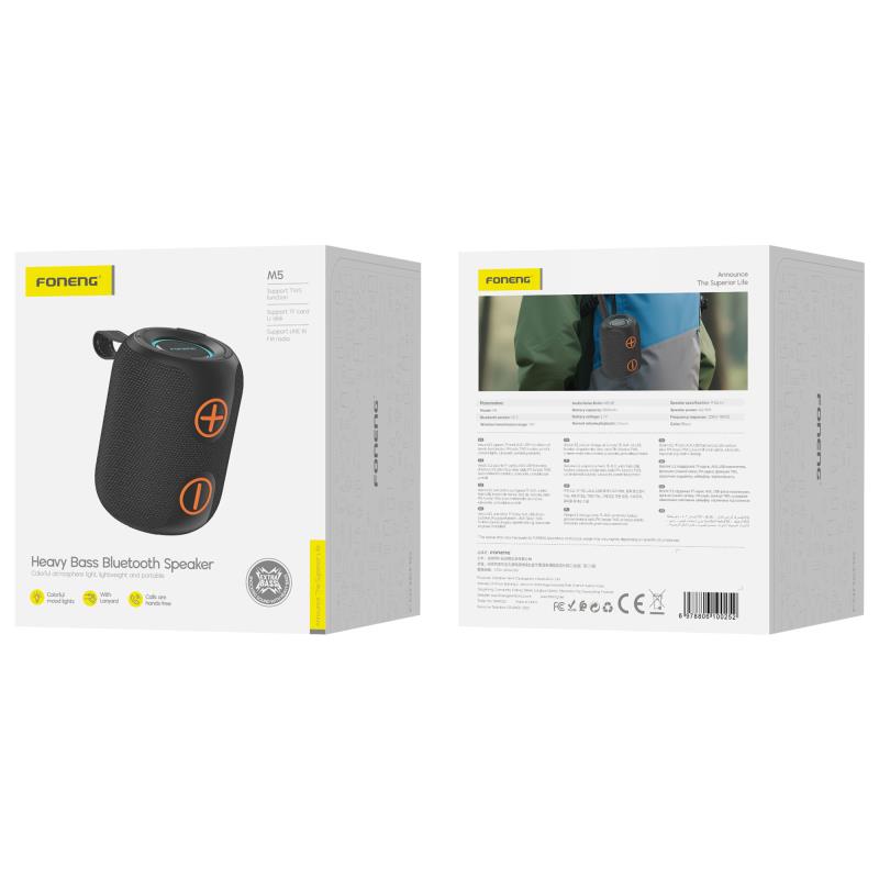 Φορητό Ηχείο Bluetooth Foneng M5 Deep Bass Colorful BT 5.3 1200mAh 8W Μαύρο