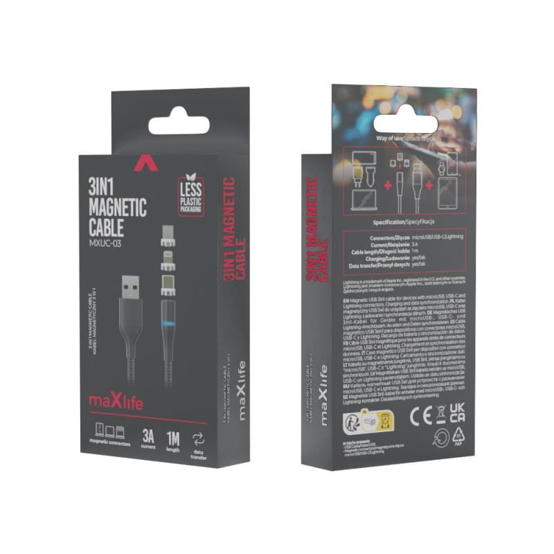 Καλώδιο Σύνδεσης USB 2.0 3 σε 1 Maxlife MXUC-03 Magnetic Nylon USB A σε Lightning & USB C & Micro USB 10W 1m Μαύρο