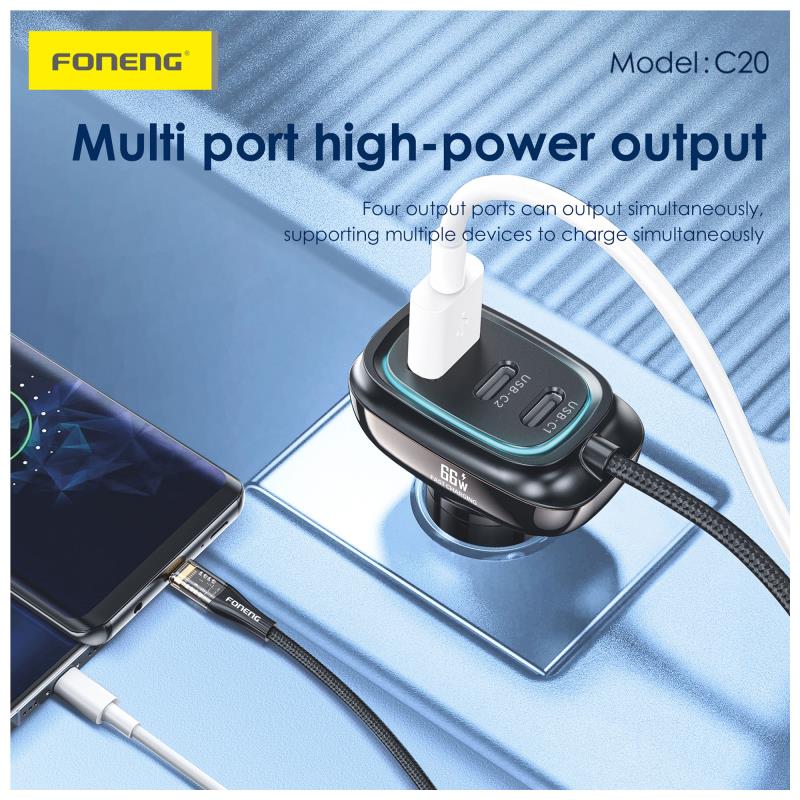 Φορτιστής Αυτοκινήτου Ταχείας Φόρτισης Foneng C20 με Τριπλή Έξοδο USB A & 2xUSB C 66W & Ενσωματωμένο Καλώδιο USB C Μαύρο