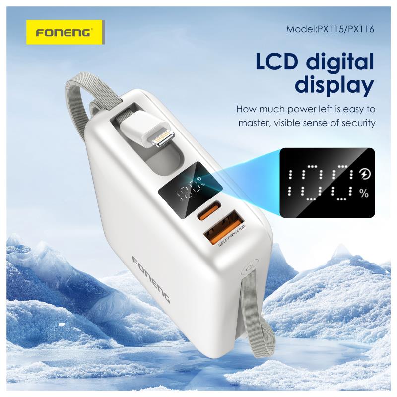 Φορτιστής Ανάγκης Foneng PX115 22.5W 10000mAh PD Mini με 2 Ενσωματωμένα Καλώδια Σκούρο Γκρι