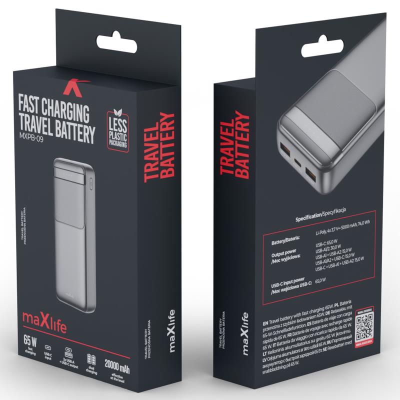 Φορτιστής Ανάγκης Maxlife MXPB-09 65W 20000mAh PD QC Μαύρο