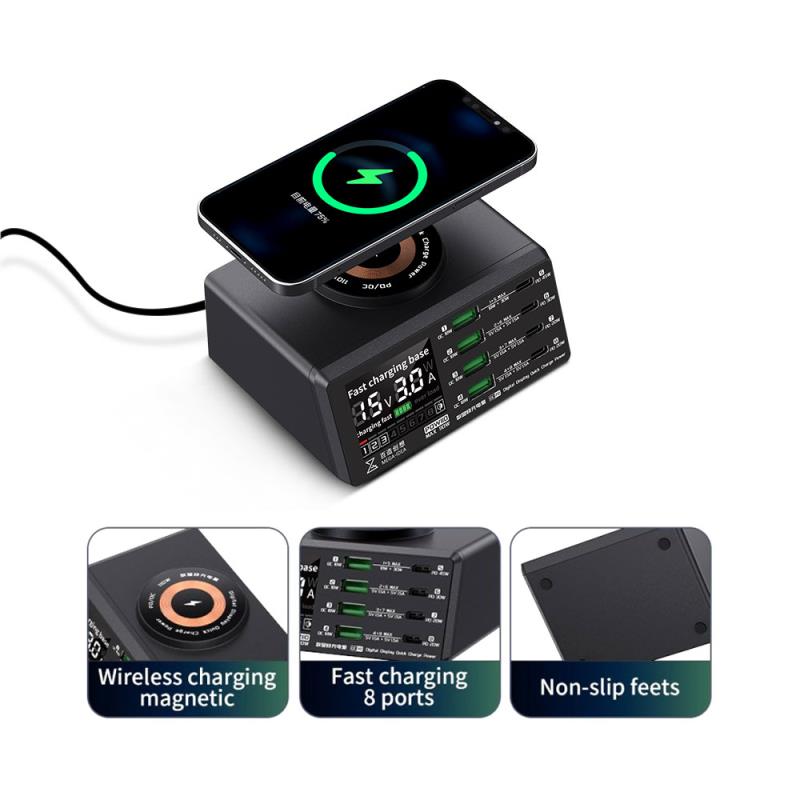 Πολυφορτιστής Πάγκου Service MEGA-IDEA PQW110 PD QC 110W με 8 Θύρες USB, Ασύρματη Φόρτιση & Οθόνη Ενδείξεων