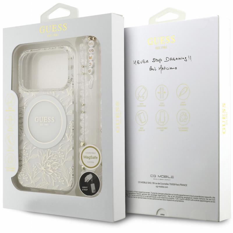 Θήκη PU/ Silicon Guess Magsafe Apple iPhone 18 Pro/ 17 Pro IML Flowers με Pearl Strap Λευκό