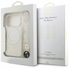 Θήκη PU/ Silicon Guess Magsafe Apple iPhone 18 Pro/ 17 Pro IML Flowers με Pearl Strap Λευκό
