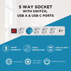 Πολύπριζο GSC 5 Θέσεων με Διακόπτη, Θύρες 1xUSB A, 1xUSB C & Καλώδιο 1.4m (3 x 1.5mm) Λευκό
