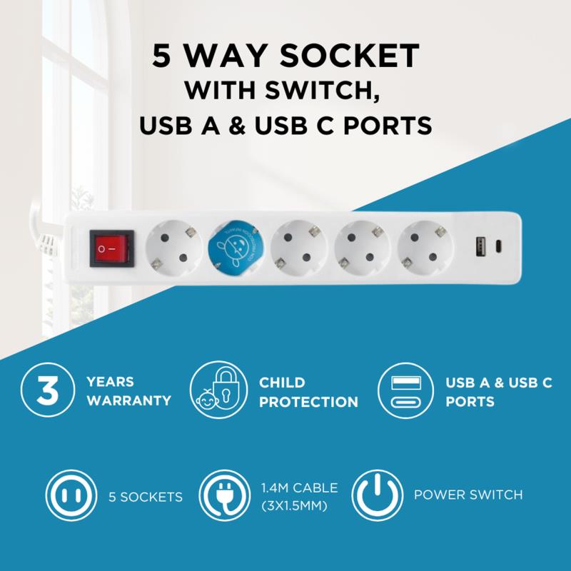 Πολύπριζο GSC 5 Θέσεων με Διακόπτη, Θύρες 1xUSB A, 1xUSB C & Καλώδιο 1.4m (3 x 1.5mm) Λευκό