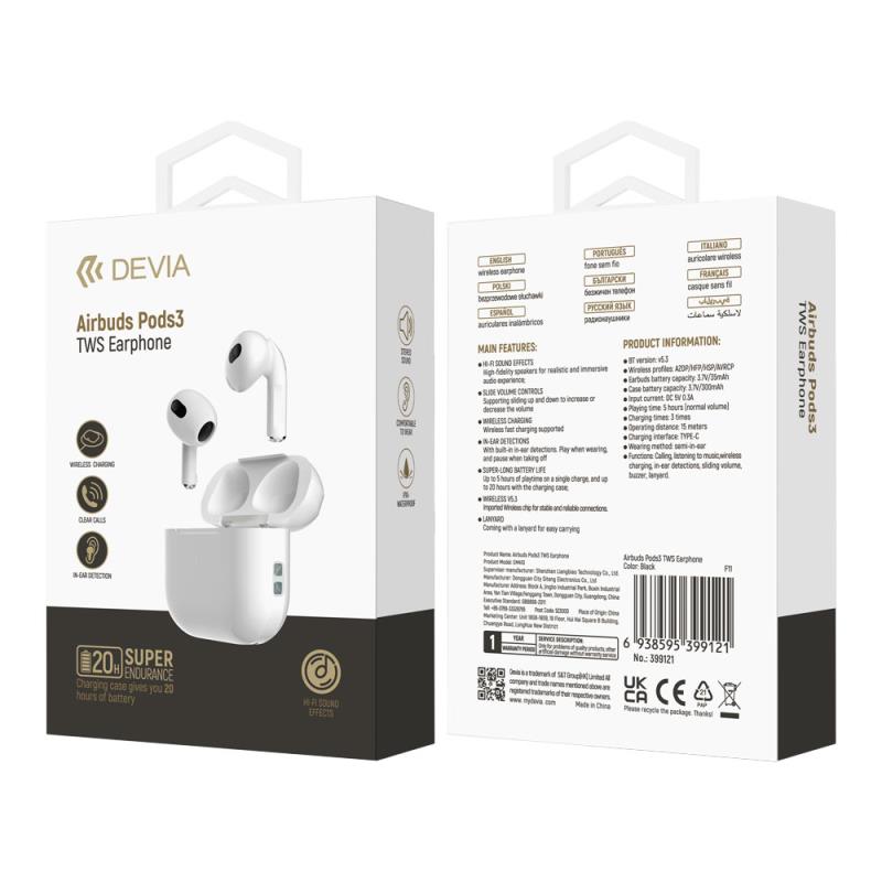 True Wireless Ακουστικά Bluetooth Devia EM410 Airbuds Pods3 Λευκό