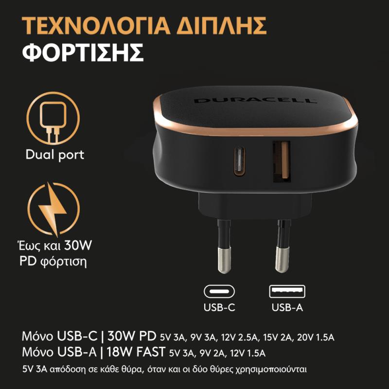 Φορτιστής Ταξιδίου Ταχείας Φόρτισης Duracell με Διπλή Έξοδο USB A & USB C PD 30W Μαύρο