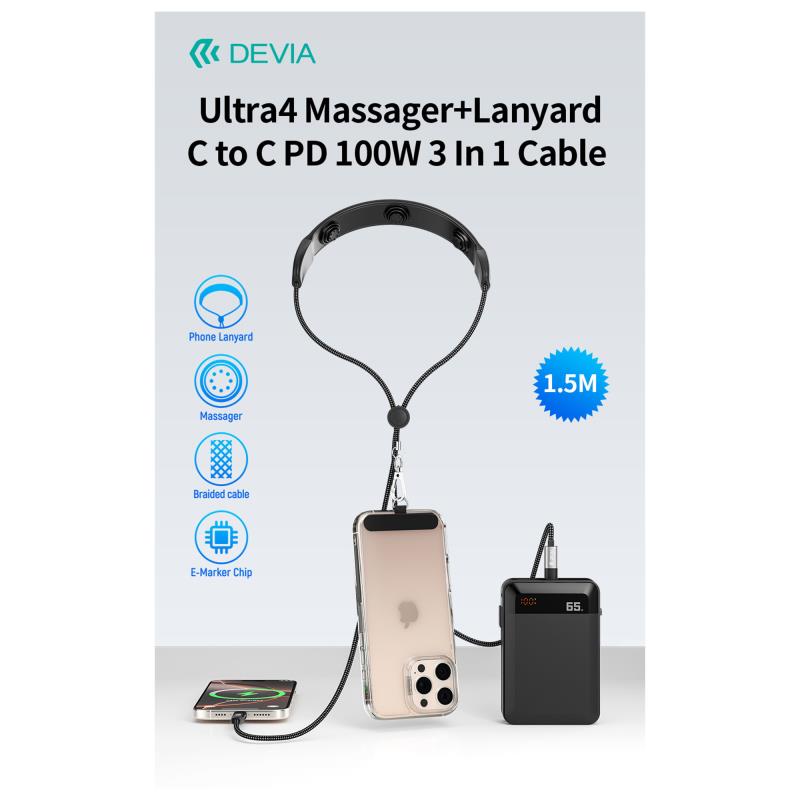 Καλώδιο Σύνδεσης USB 2.0 Massager Lanyard 3 σε 1 Braided Devia EC317 USB C σε USB C PD 100W 1.5m Ultra4 Μαύρο