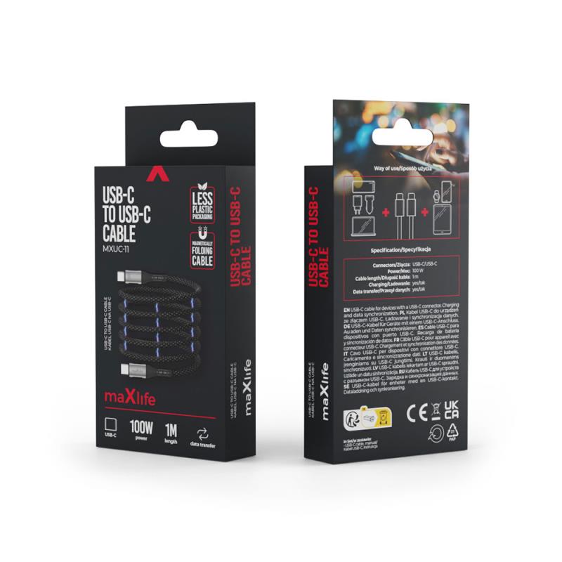 Καλώδιο Σύνδεσης USB 2.0 Maxlife MXUC-11 Magnetic Nylon USB C σε USB C 100W 1m Μαύρο