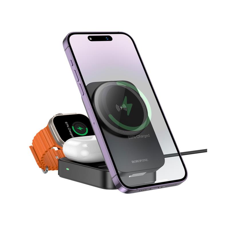 Wireless Charging Base Magnetic Folding 3 in 1 Borofone BQ38 Sharp 15W Black