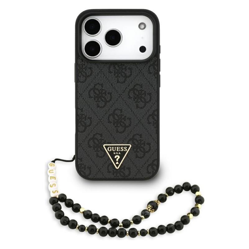 Θήκη PU Guess Apple iPhone 17 Pro Hardcase Classic Logo Triangle 4G με Pearl Strap Μαύρο