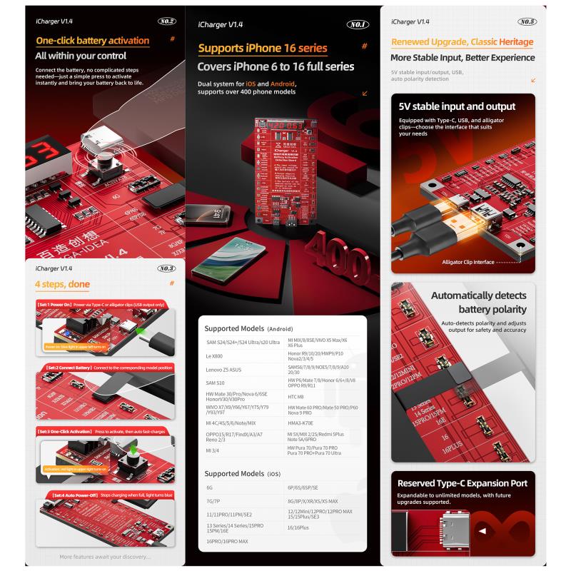 Φορτιστής Μπαταριών MEGA-IDEA iCharger v1.4 για Smartphones & iPhone 6 έως 16 Series