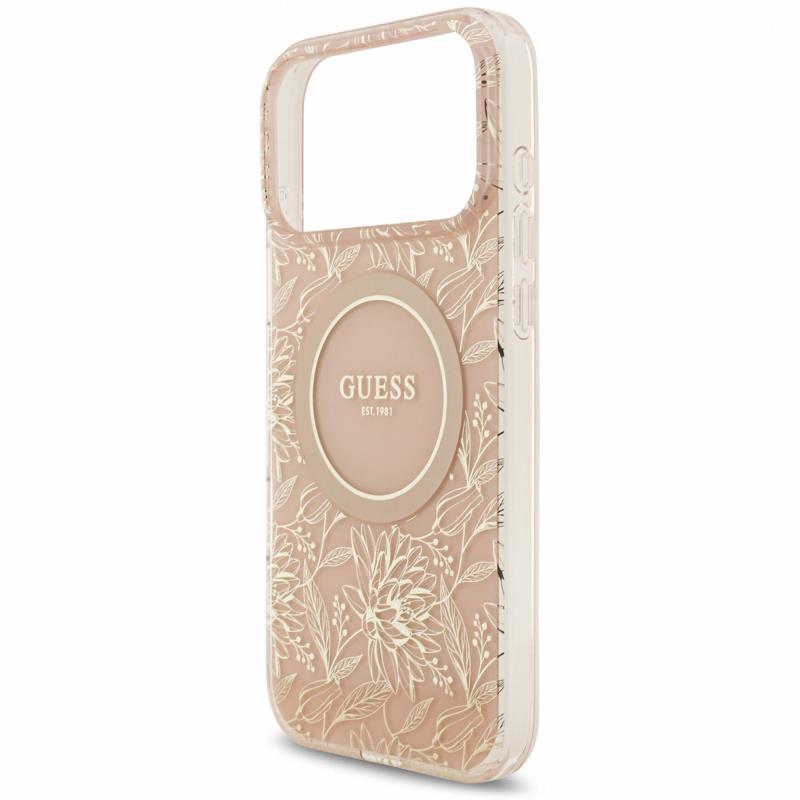 Θήκη PU/ Silicon Guess Magsafe Apple iPhone 18 Pro Max/ 17 Pro Max IML Flowers με Pearl Strap Ροζ